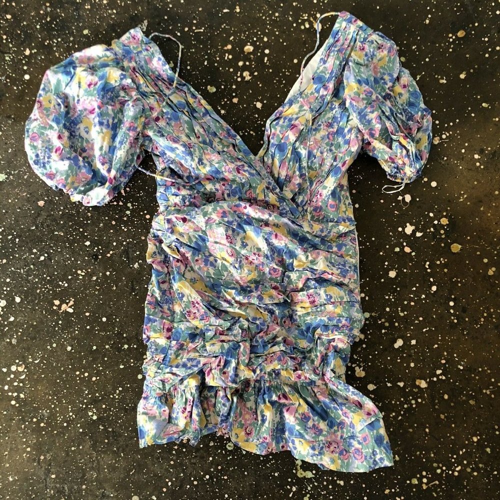 SAU LEE Posey Mini Dress Multi Floral Blue Balloon Sleeve Party 6 NWT $450 - Picture 6 of 10
